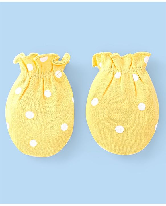 Babyhug 100% Cotton Knit Floral & Polka Dots Printed Mittens Pack of 3 - White Yellow & Pink