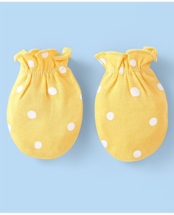 Babyhug 100% Cotton Knit Floral & Polka Dots Printed Mittens Pack of 3 - White Yellow & Pink