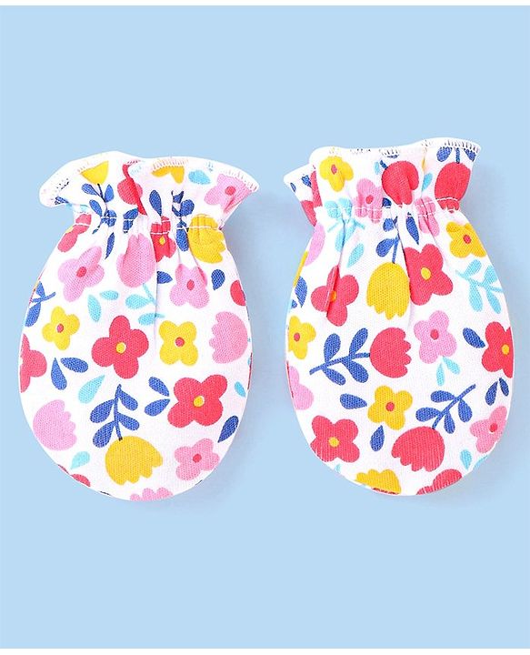 Babyhug 100% Cotton Knit Floral & Polka Dots Printed Mittens Pack of 3 - White Yellow & Pink
