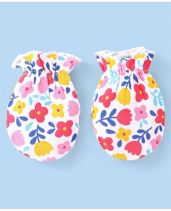 Babyhug 100% Cotton Knit Floral & Polka Dots Printed Mittens Pack of 3 - White Yellow & Pink