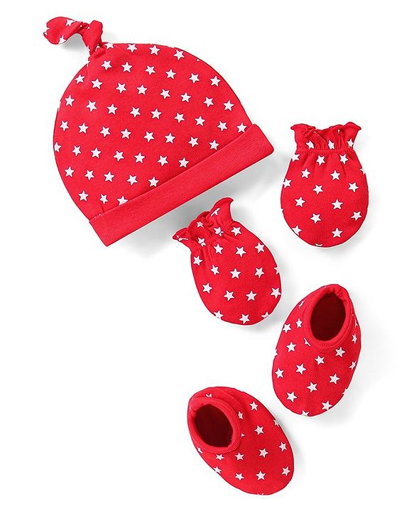 Babyhug 100% Cotton Cap Mittens & Booties Set Star Print - Red