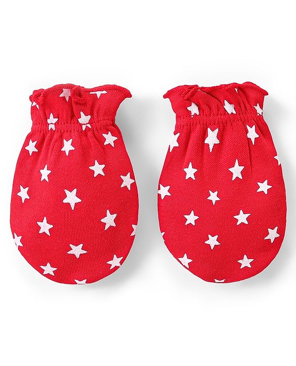 Babyhug 100% Cotton Cap Mittens & Booties Set Star Print - Red