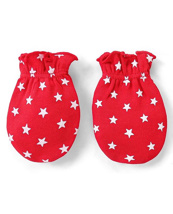 Babyhug 100% Cotton Cap Mittens & Booties Set Star Print - Red