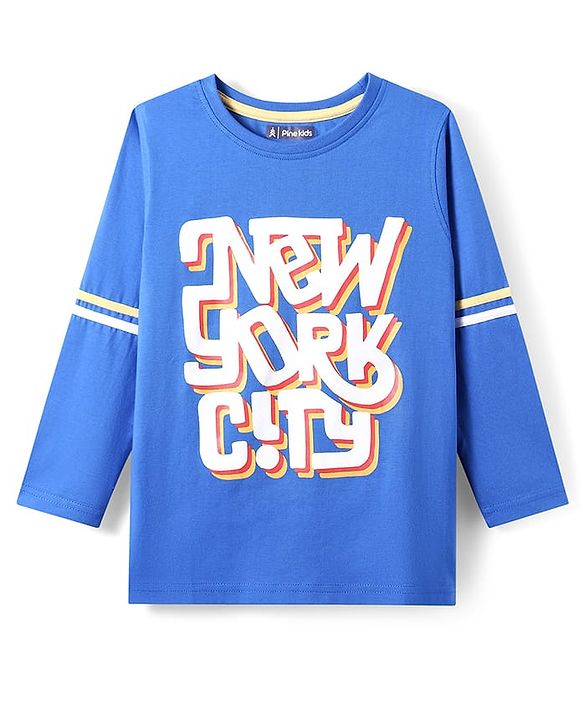 Pine Kids Cotton Knit Full Sleeves T-Shirt With Text Print - Blue