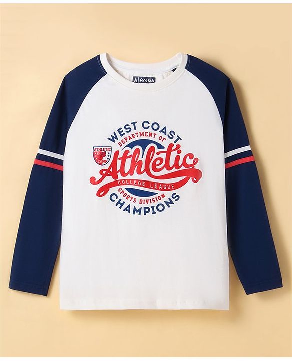 Pine Kids Cotton Knit Full Raglan Sleeves with Text Print T-Shirt - White & Blue