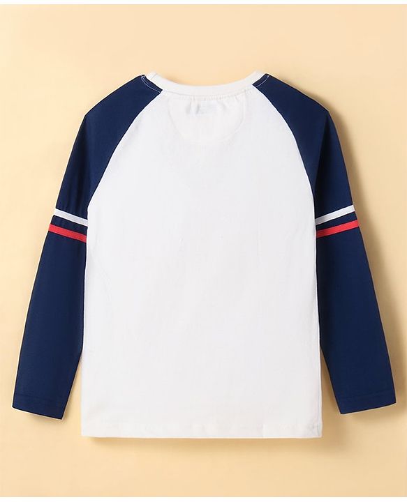 Pine Kids Cotton Knit Full Raglan Sleeves with Text Print T-Shirt - White & Blue