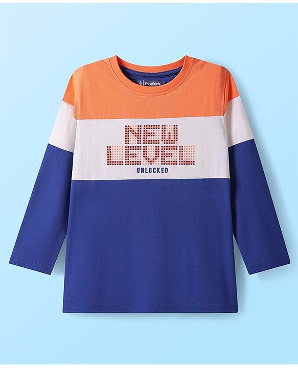 Pine Kids Cotton Knit Full Sleeves Text Printed T-Shirt with Cut & Sew Design - Orange Blue & White