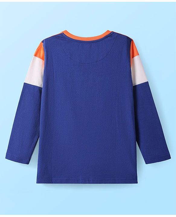 Pine Kids Cotton Knit Full Sleeves Text Printed T-Shirt with Cut & Sew Design - Orange Blue & White