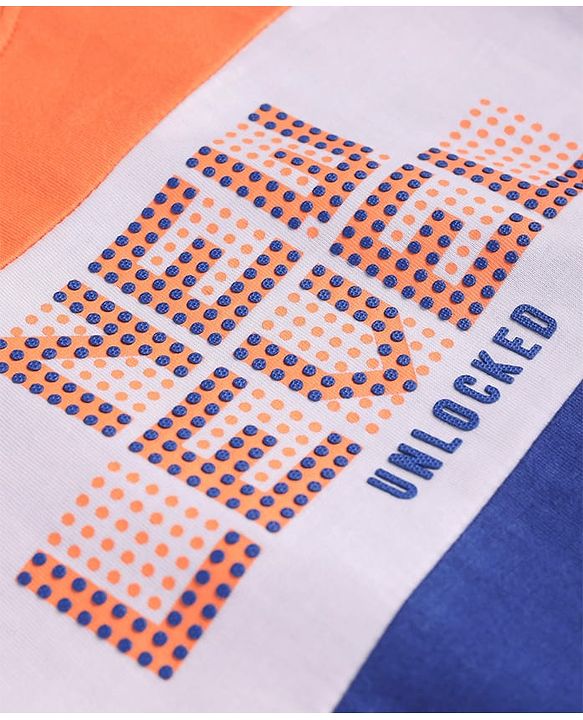 Pine Kids Cotton Knit Full Sleeves Text Printed T-Shirt with Cut & Sew Design - Orange Blue & White