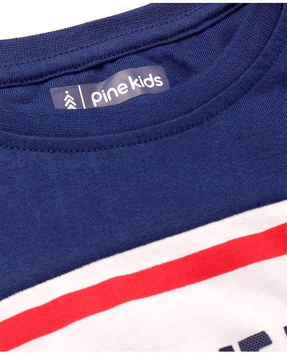 Pine Kids Cotton Knit Full Sleeves Colour Block T-Shirt with Striped & Text Print - Navy Blue & White