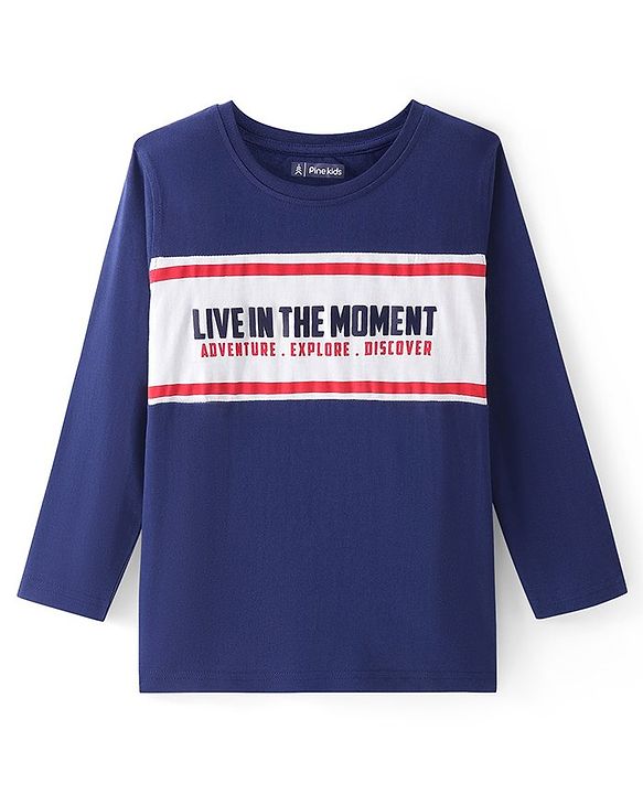 Pine Kids Cotton Knit Full Sleeves Colour Block T-Shirt with Striped & Text Print - Navy Blue & White