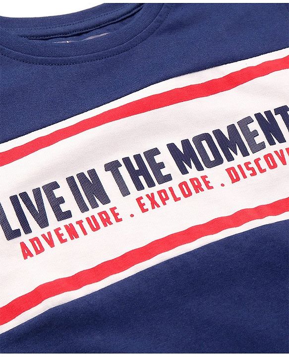 Pine Kids Cotton Knit Full Sleeves Colour Block T-Shirt with Striped & Text Print - Navy Blue & White