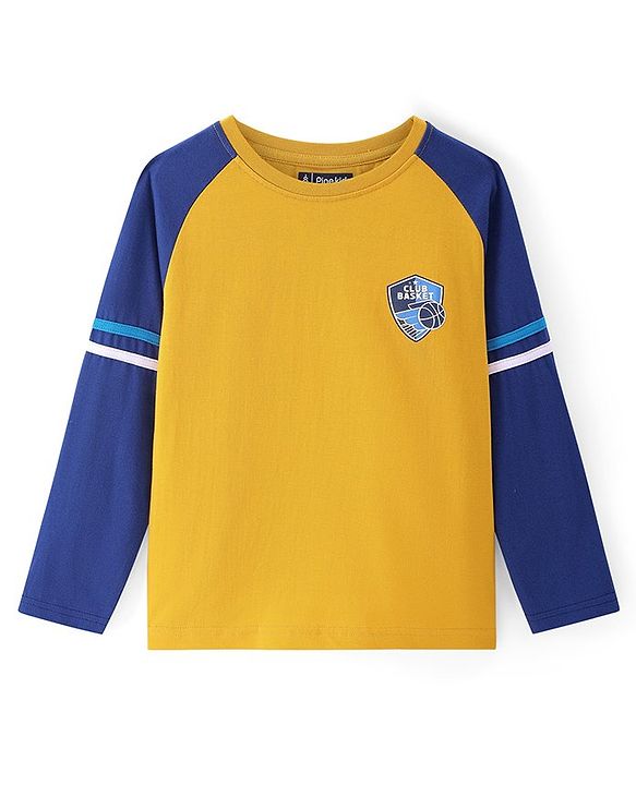Pine Kids Cotton Knit Full Raglan Sleeves T-Shirt with Badge Print - Golden