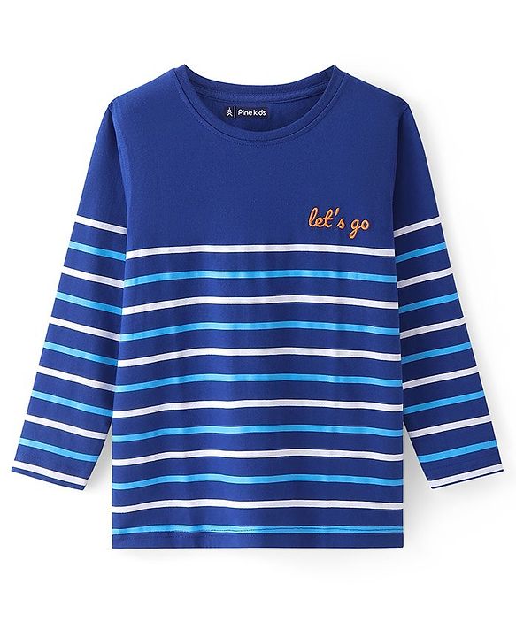 Pine Kids Cotton Knit Full Sleeves Striped T-Shirt with Text Embroidery - Blue