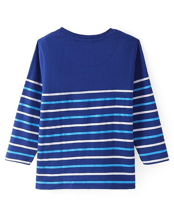 Pine Kids Cotton Knit Full Sleeves Striped T-Shirt with Text Embroidery - Blue