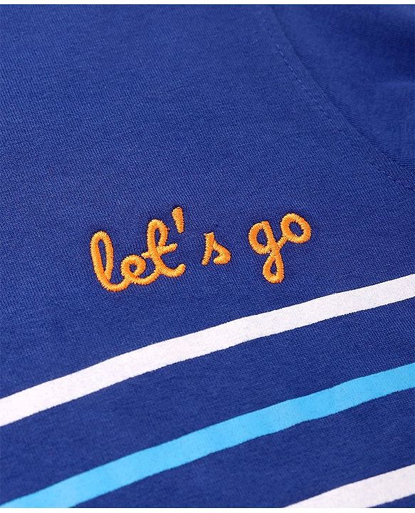 Pine Kids Cotton Knit Full Sleeves Striped T-Shirt with Text Embroidery - Blue