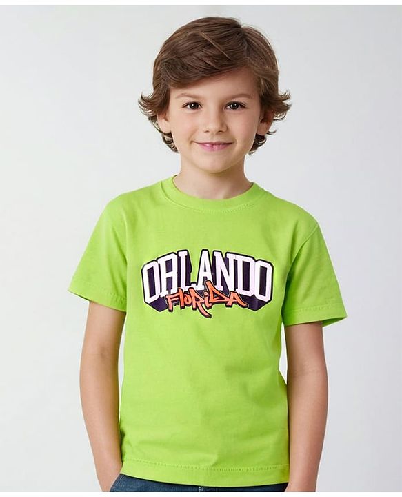 Pine Kids Cotton Knit Half Sleeves T-Shirt with Text Graphics - Lime Green