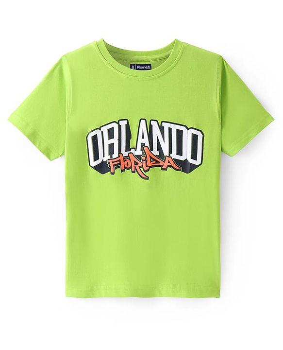 Pine Kids Cotton Knit Half Sleeves T-Shirt with Text Graphics - Lime Green