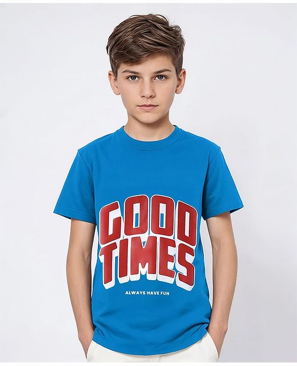 Pine Kids Cotton Knit Half Sleeves T-Shirt with Text Print - Blue