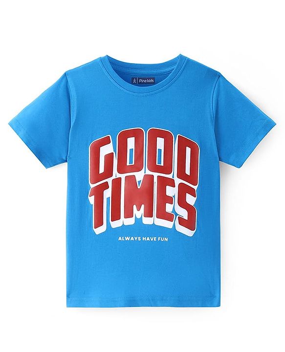 Pine Kids Cotton Knit Half Sleeves T-Shirt with Text Print - Blue