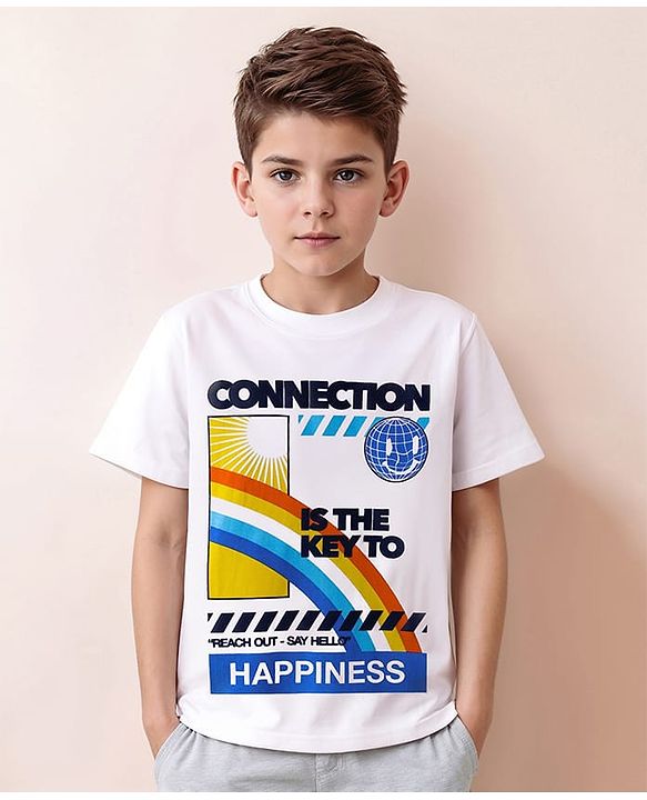 Pine Kids Cotton Knit Half Sleeves Text Printed T-Shirt - White