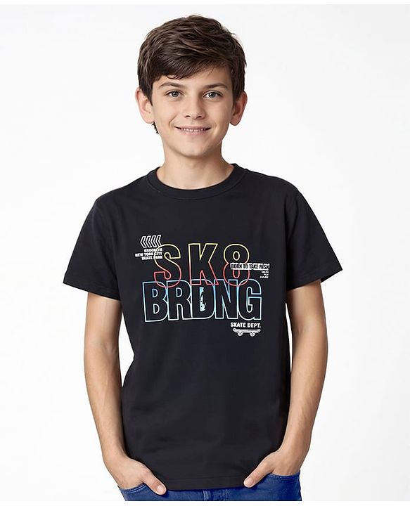 Pine Kids Cotton Knit Half Sleeves T-Shirt With Text Print - Black