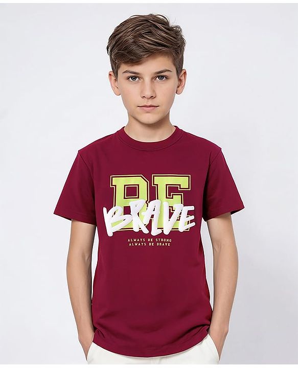 Pine Kids Cotton Knit Half Sleeves Text Printed T-Shirt - Dark Red