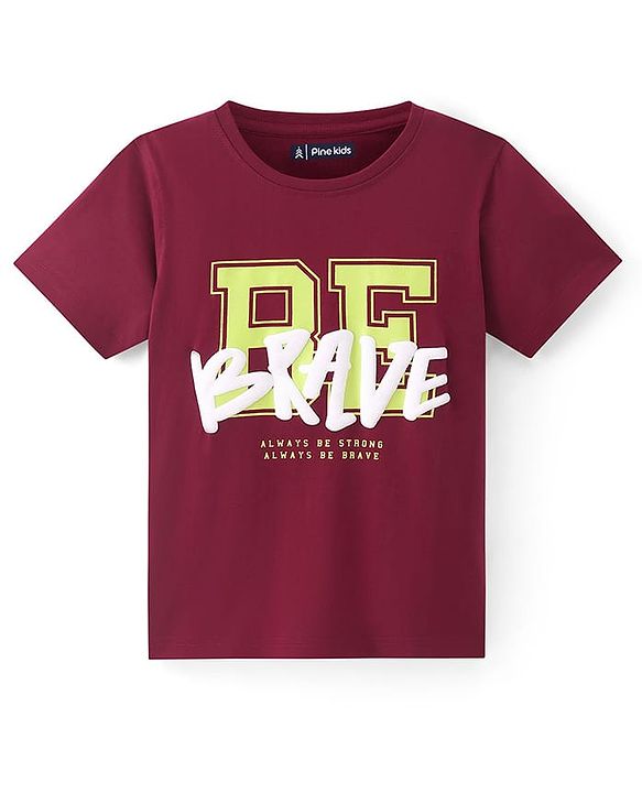 Pine Kids Cotton Knit Half Sleeves Text Printed T-Shirt - Dark Red