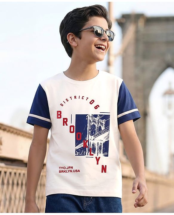 Pine Kids Cotton Knit Half Sleeves Text Printed T-Shirt - White