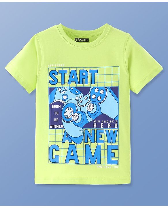 Pine Kids Cotton Knit Half Sleeves T-Shirts with Gamepad & Text Print - Lime