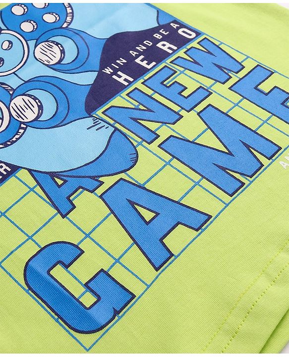 Pine Kids Cotton Knit Half Sleeves T-Shirts with Gamepad & Text Print - Lime
