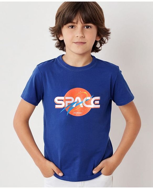 Pine Kids Cotton Knit Half Sleeves Text Printed T-Shirt - Navy Blue