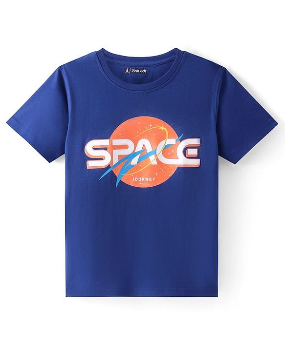 Pine Kids Cotton Knit Half Sleeves Text Printed T-Shirt - Navy Blue