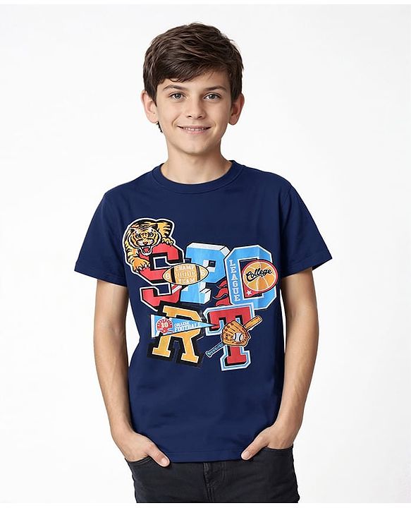 Pine Kids Cotton Knit Half Sleeves T-Shirt with Tiger Print - Navy Blue