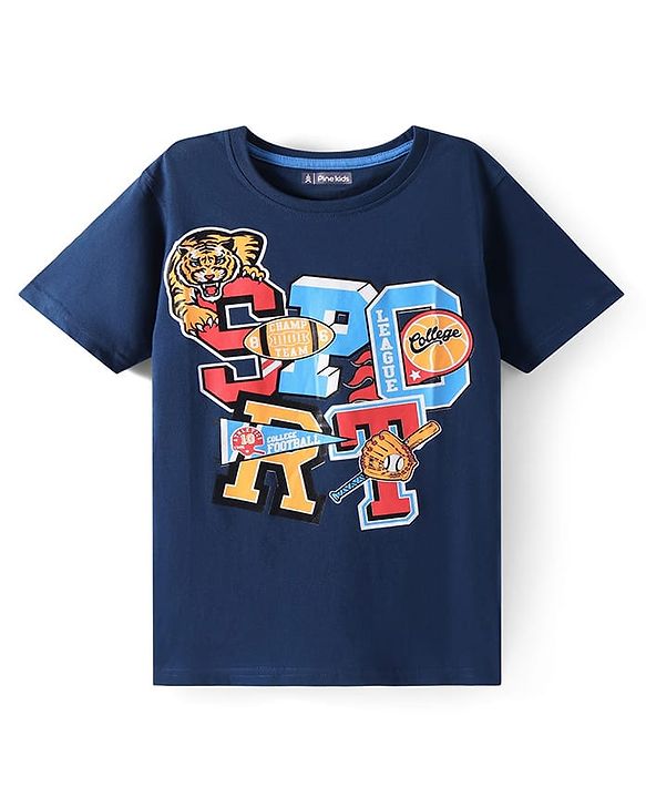 Pine Kids Cotton Knit Half Sleeves T-Shirt with Tiger Print - Navy Blue