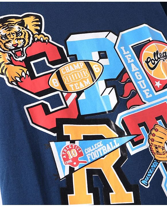 Pine Kids Cotton Knit Half Sleeves T-Shirt with Tiger Print - Navy Blue