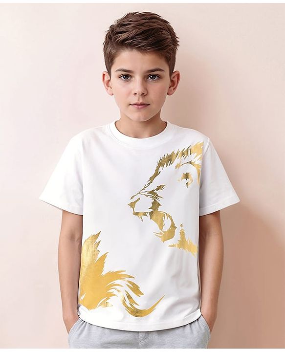 Pine Kids Cotton Knit Half Sleeves T-Shirt with Lion Foil  Print - White