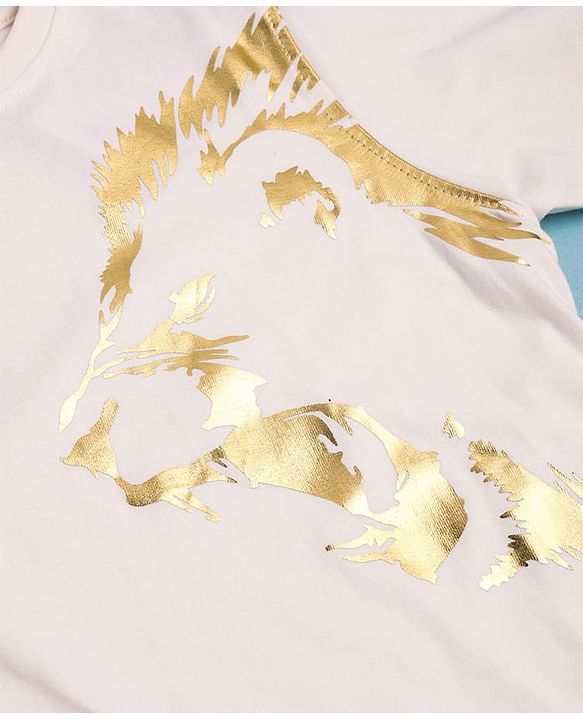 Pine Kids Cotton Knit Half Sleeves T-Shirt with Lion Foil  Print - White