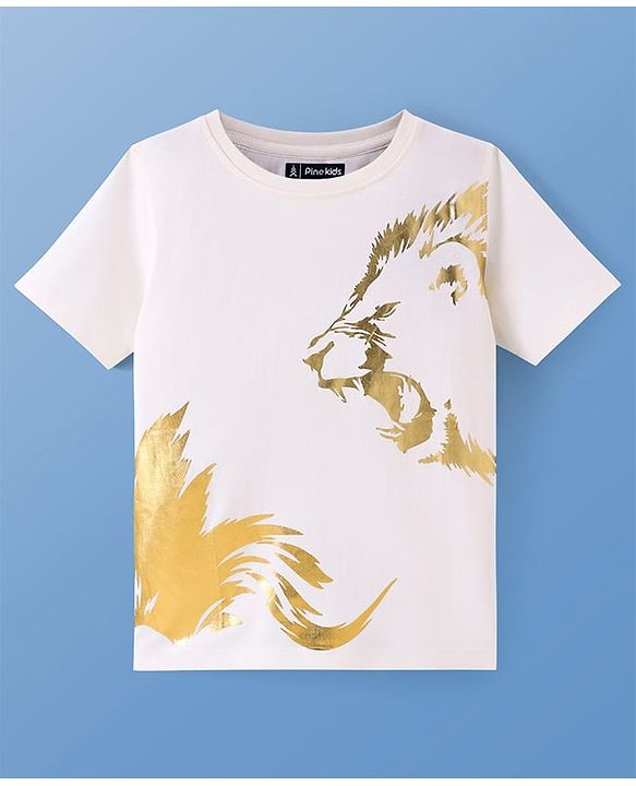 Pine Kids Cotton Knit Half Sleeves T-Shirt with Lion Foil  Print - White