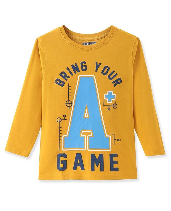 Pine Kids Cotton Knit Full Sleeves T-Shirt with Text Print - Golden