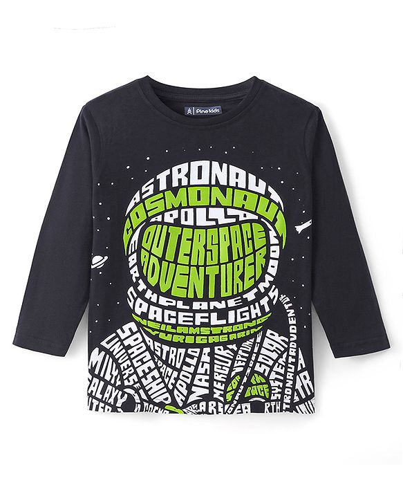 Pine Kids Cotton Knit Full Sleeves T-Shirt with Text Print - Black