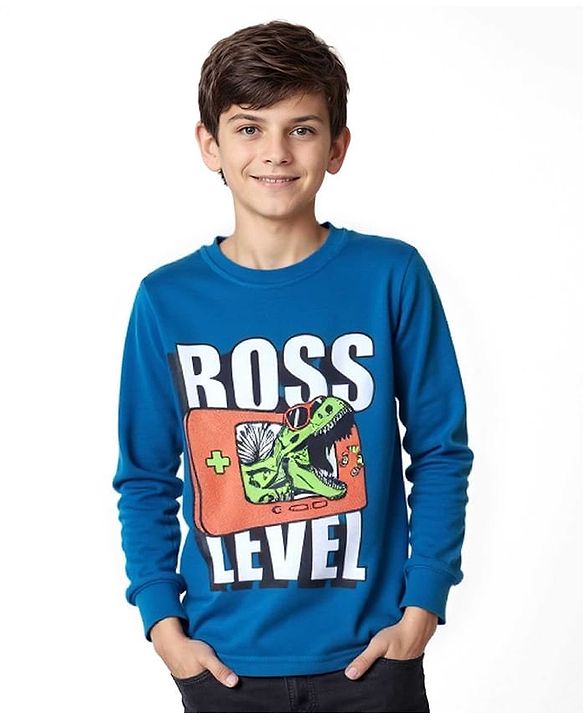 Pine Kids Cotton Knit Full Sleeves T-Shirt with Dino Print - Seaport Blue