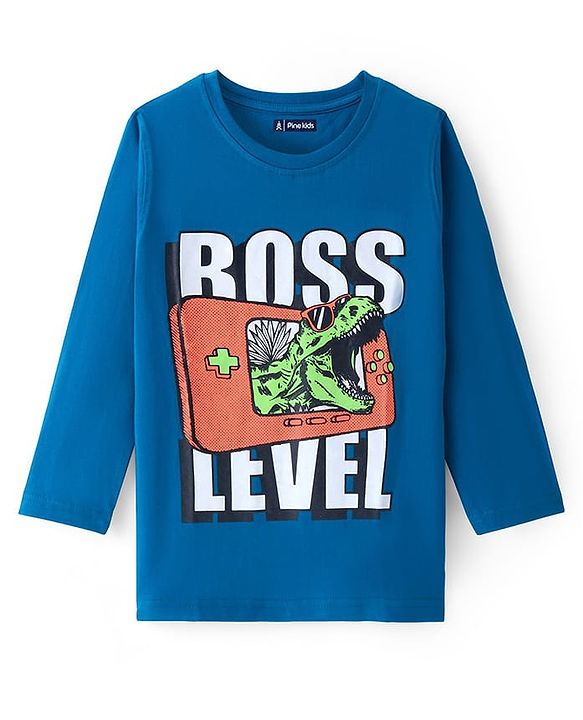 Pine Kids Cotton Knit Full Sleeves T-Shirt with Dino Print - Seaport Blue