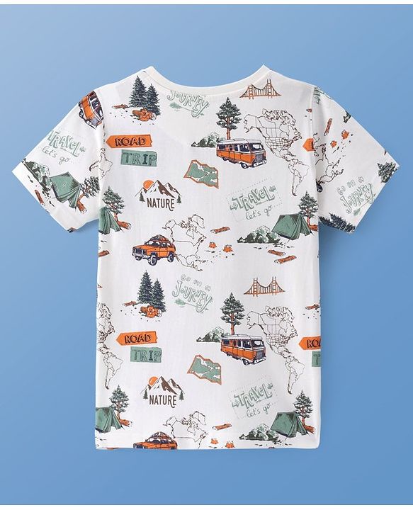 Pine Kids Cotton Knit Half Sleeves T-Shirt with Camping  Print - White