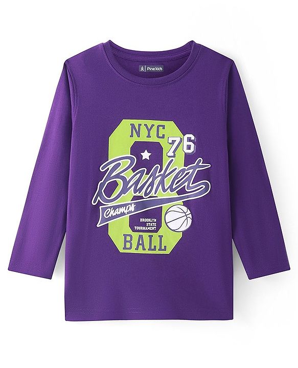 Pine Kids Cotton Knit Full Sleeves Text Printed T-Shirt - Violet