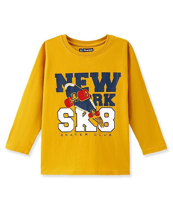 Pine Kids 100% Cotton Knit Full Sleeves T-Shirt with Text Print - Yellow