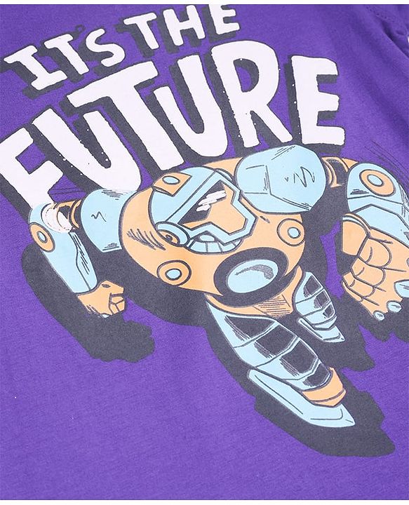 Pine Kids Cotton Knit Full Sleeves T-Shirt With Robot & Text Print - Purple