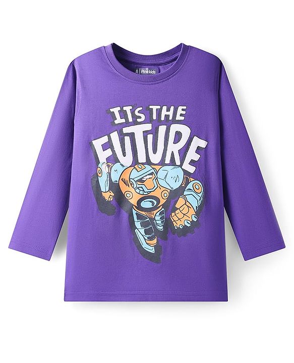 Pine Kids Cotton Knit Full Sleeves T-Shirt With Robot & Text Print - Purple