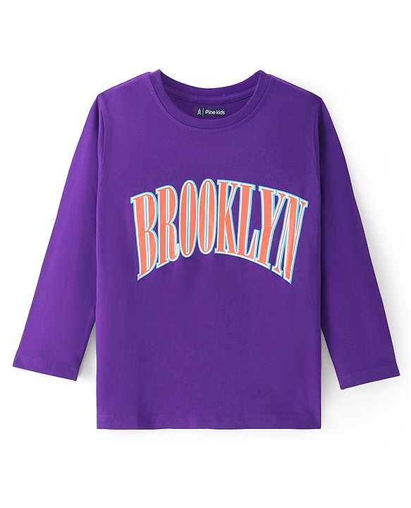 Pine Kids Cotton Knit Full Sleeve T-Shirt with Text Print  - Violet Indigo
