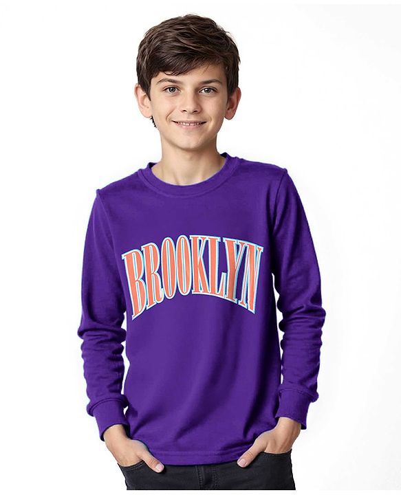 Pine Kids Cotton Knit Full Sleeve T-Shirt with Text Print  - Violet Indigo
